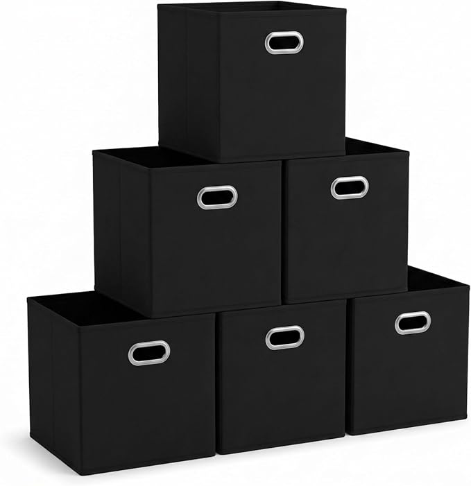 Household Essentials Foldable Fabric Storage Bins 6 Piece Set, Strong Poly-Woven Fabric, Sturdy Chipboard Sides, Grommet Front Handle, Stackable, Classic Design, Black