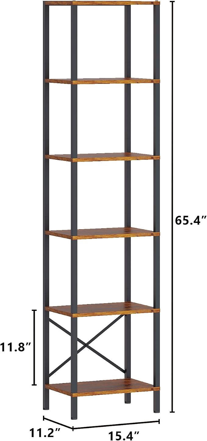 JARHETUN 6-Tier Bookshelf, Tall Narrow Bookcase with LED Lights, Book Shelf with Steel Frame, Display Storage Shelf for Living Room, Bedroom, Home Office, Study, Balcony, Rustic Brown