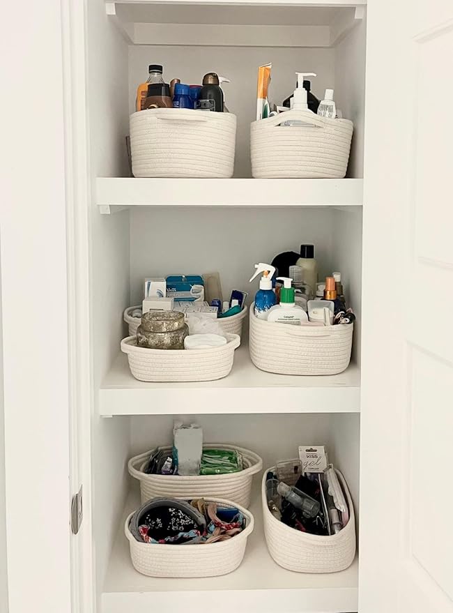 CubesLand Small Woven Rope Toys Basket for Organizing Set 5 | Shelves Closet Storage Bins, Empty Gift Baby Shower Basket Also Perfect for Toilet Paper Storage, Organizer Bins Off White