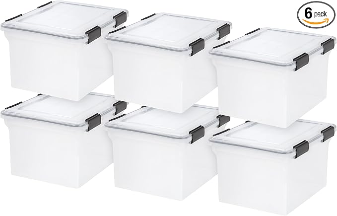 IRIS USA WeatherPro Storage File Box, 32 Qt. 6-Pack, Clear/Black | Protect files, documents and important records with weather resistant storage, secure latches and stackable organization