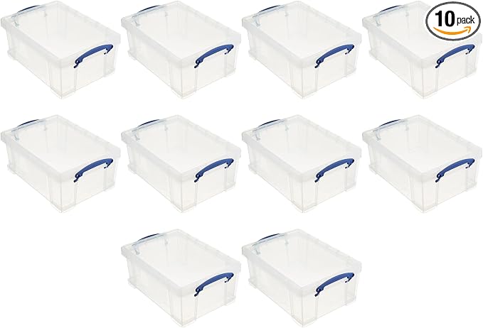 Really Useful Box Stackable 9 Liter Plastic Storage Container Bin with Snap Lid & Built-in Clip Lock Handles for Home & Office Organization (10 Pack)