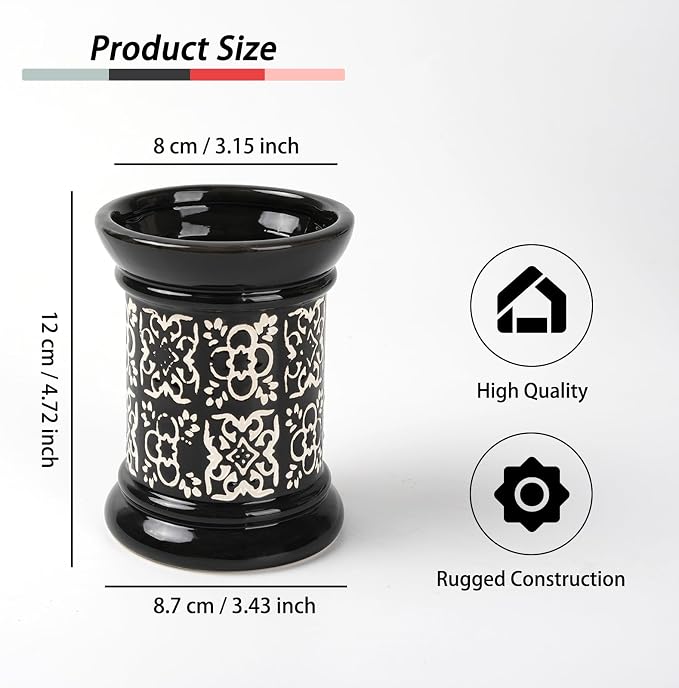 Printed Pencil Holder, Cute Pen Holder for Desk, Ceramic Carved Cylinder Pencil Holder, Office Decoration Container Islamic Style(Black)