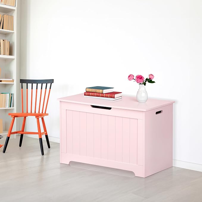 LEMY Storage Bench, Wooden Chest Box with 2 Safety Hinges, Modern Organizer Cabinet for Living Room, Bedroom, Entryway, Pink