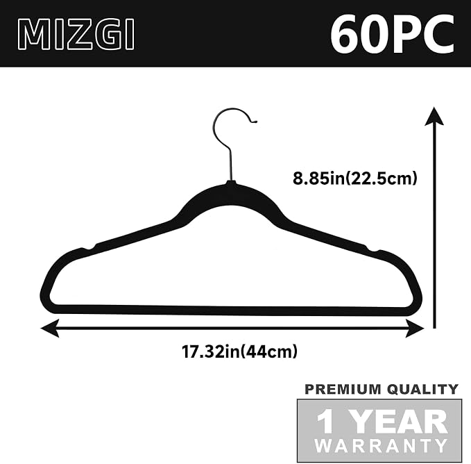 MIZGI Premium Velvet Hangers (60 Pack) Heavy Duty - Non Slip Felt, Space Saving Black Velvet Suit Hangers