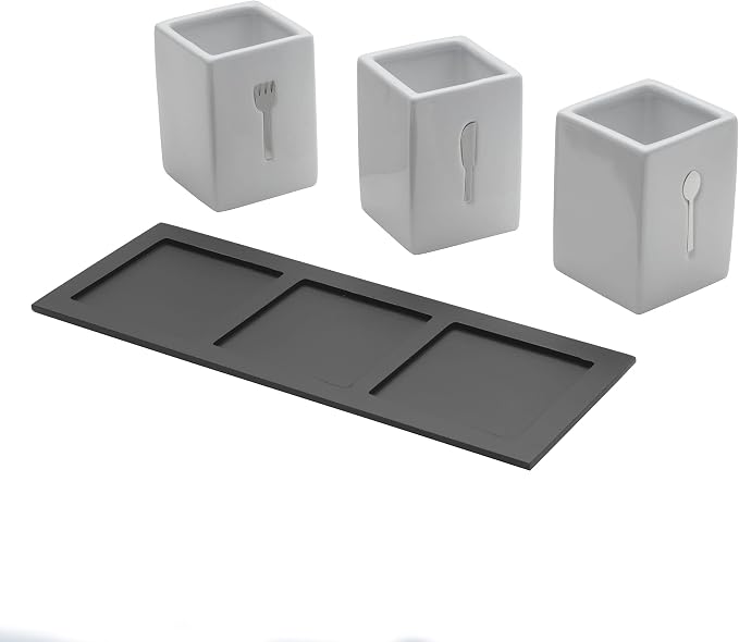 Towle Living 3-Piece Ceramic Caddy with Wood Tray, White, Black