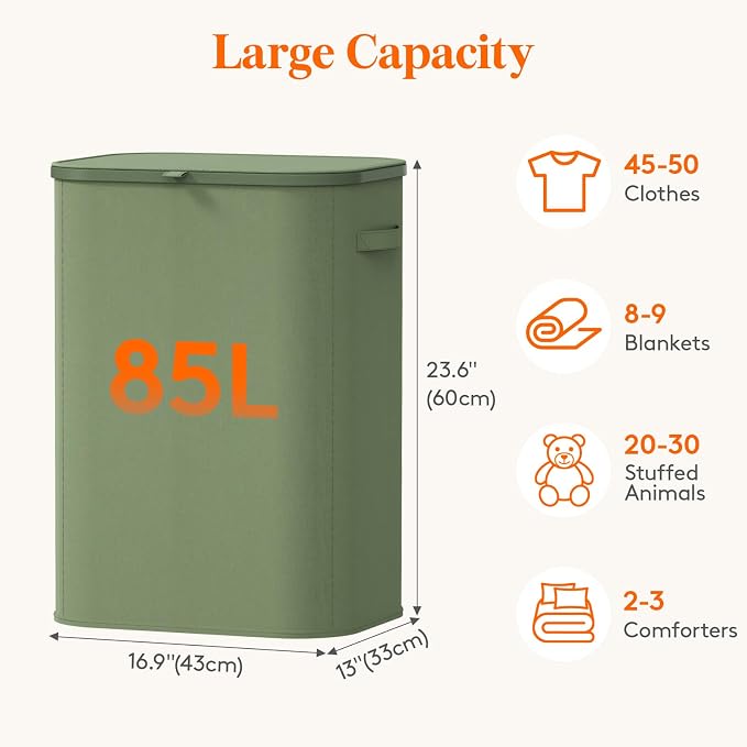Lifewit 85L Large Laundry Basket with Lid, Laundry Hamper with Plastic Handles and Removable Bag, Foldable Tall Dirty Clothes Hampers for Laundry for Laundry Room, Bedroom, Bathroom, Dorm, Green
