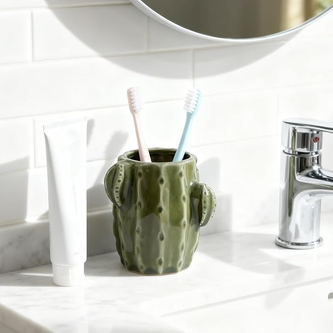 Ceramic Cactus Pen Holder, Cactus Decor Cute Pencil Holder, Makeup Brush Holder for Home, Office Desk Accessories(Dark Green)