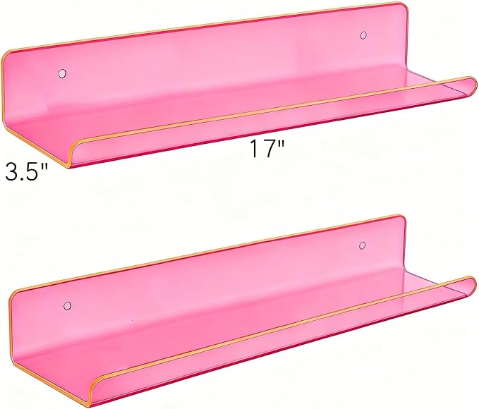 ROYALITA 2-Pack Acrylic Shelves Wall Mounted, 17 Inch Display Shelves | for Small Items Plants Organize Wall Shelves for Gaming Room, Bedroom, Living Room, Office, Pink