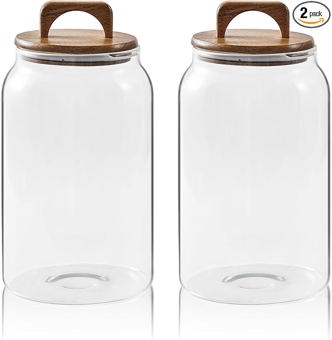 Sweejar Large Glass Candy Jars with Wooden Lids, 1 Gallon Glass Jar with Lid, Sugar/Flour Storage Containers, Big Glass Canisters with Airtight Lid, 2 Pack