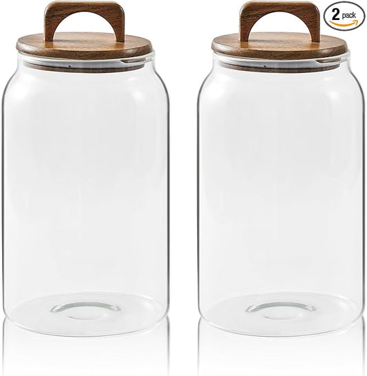 Sweejar Large Glass Candy Jars with Wooden Lids, 1 Gallon Glass Jar with Lid, Sugar/Flour Storage Containers, Big Glass Canisters with Airtight Lid, 2 Pack