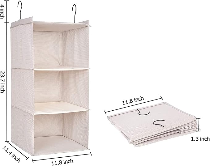 Hanging Closet Organizer 3-Tier, Oxford Wardrobe Storage, Beige Houndstooth | Easy-mount foldable design holds clothes, handbags, shoes & accessories; washable Oxford fabric, sturdy and space-saving.