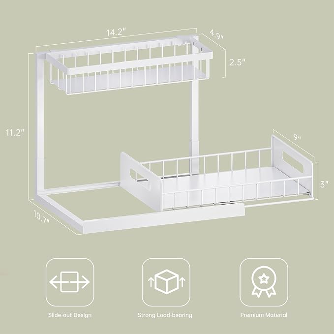 Under Sink Organizer and Storage, Slide Out Cabinet Organizer, Pull Out Sink Shelf for Kitchen Bathroom Laundry, 1 Pack White
