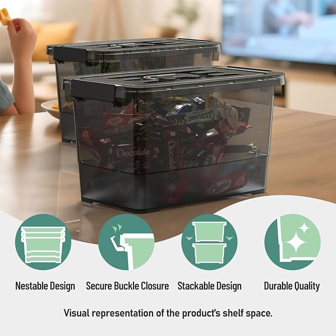 8-Pack Clear Black Plastic Storage Bins with Lids/Handles, 7 Quart Latch Organizer Boxes, Stackable Storage Containers for Organizing