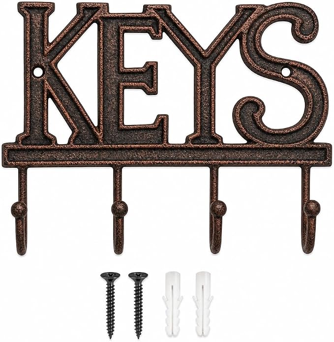 Comfify Copper-Black Cast Iron Key Holder for Wall – Keys Sign with 4 Hooks | Warm copper and black antique finish; mounting hardware included; entryway, hallway or door; 6"H x 8"L; holds 8 keychains