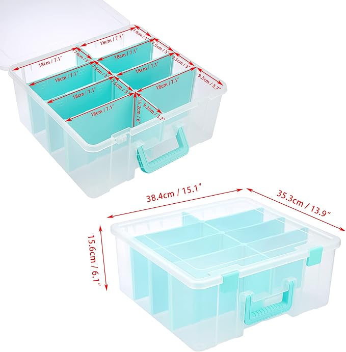BTSKY Clear Plastic Dividing Storage Box with 8 Deep Compartments Adjustable Storage Bin with Lid Portable Craft Storage Container Multipurpose Sewing Box Art Supply Organizer, 15.1x13.9x6.1 Inches