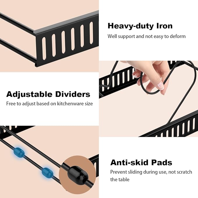 Housolution Pot and Pan Lid Organizer Holder Storage Rack, Black | 7 Adjustable Dividers, Sturdy Metal Construction, Easy Assembly