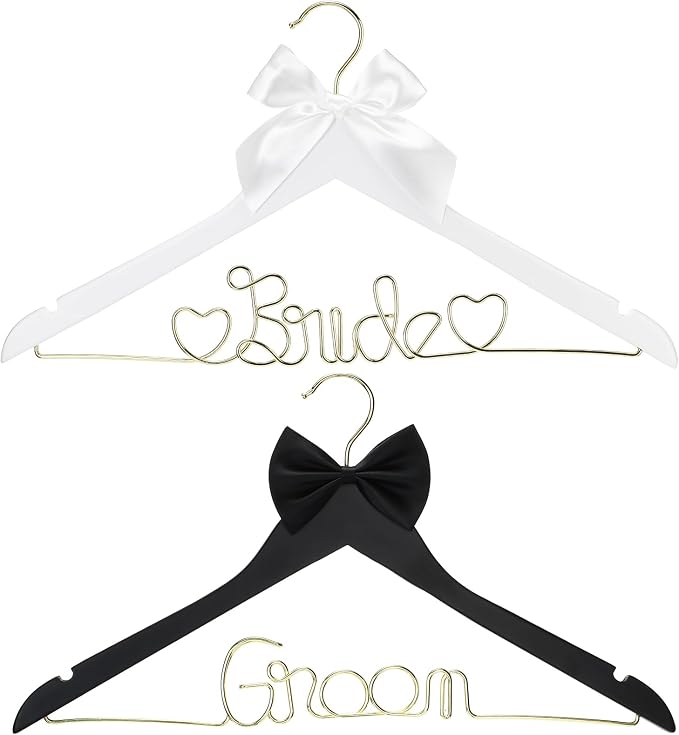 Beeveer 2 Pcs Wire Bride Hanger and Groom Wedding Wooden Hanger with Letter and Bow Tie for Tuxedo Suit Bridesmaid Bridal Wedding Gift Bridal Party Shower
