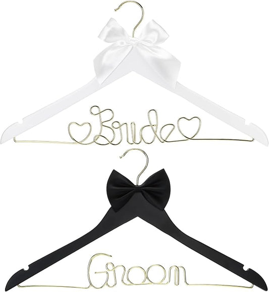 Beeveer 2 Pcs Wire Bride Hanger and Groom Wedding Wooden Hanger with Letter and Bow Tie for Tuxedo Suit Bridesmaid Bridal Wedding Gift Bridal Party Shower