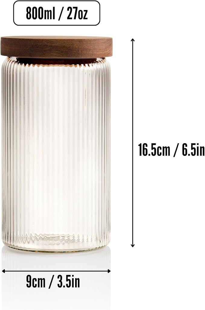 Mason & Fable Ribbed Glass Jars with Wooden Lid 27 fl oz- Set of 3 | Airtight Fluted Storage Container for Pasta, Coffee, Candy, Dog Treats, Snacks | Glass Organization Canisters for Home & Kitchen