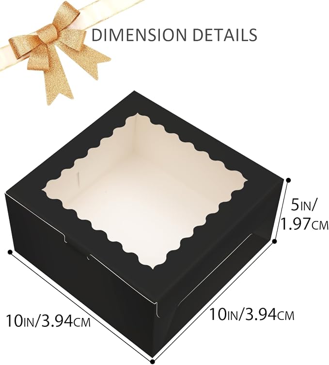 qiqee 10"x10"x5" Cake Box, 36 Sets Black Cake Box with Window ＆ 36 Sets 10" Black Cake Round Boards, for Cake, Treat Cookie Dessert, Pastry, Birthday Party, Weddings