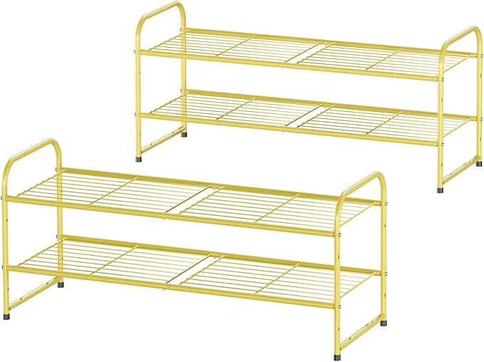 2 Pack Shoe Rack, 2-Tier Metal Stackable Shoe Shelf Storage Organizer, Heavy Duty Wire Shoe Stand for Entryway, Closet, Hallway, Holds 50 LBS, Gold