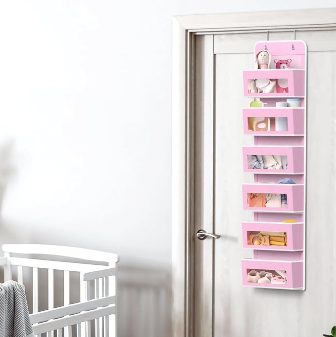 Simple Houseware 6 Clear Window Pocket Over Closet Door Storage Hanging Organizer for Bedroom, Bathroom, Pantry, Pink