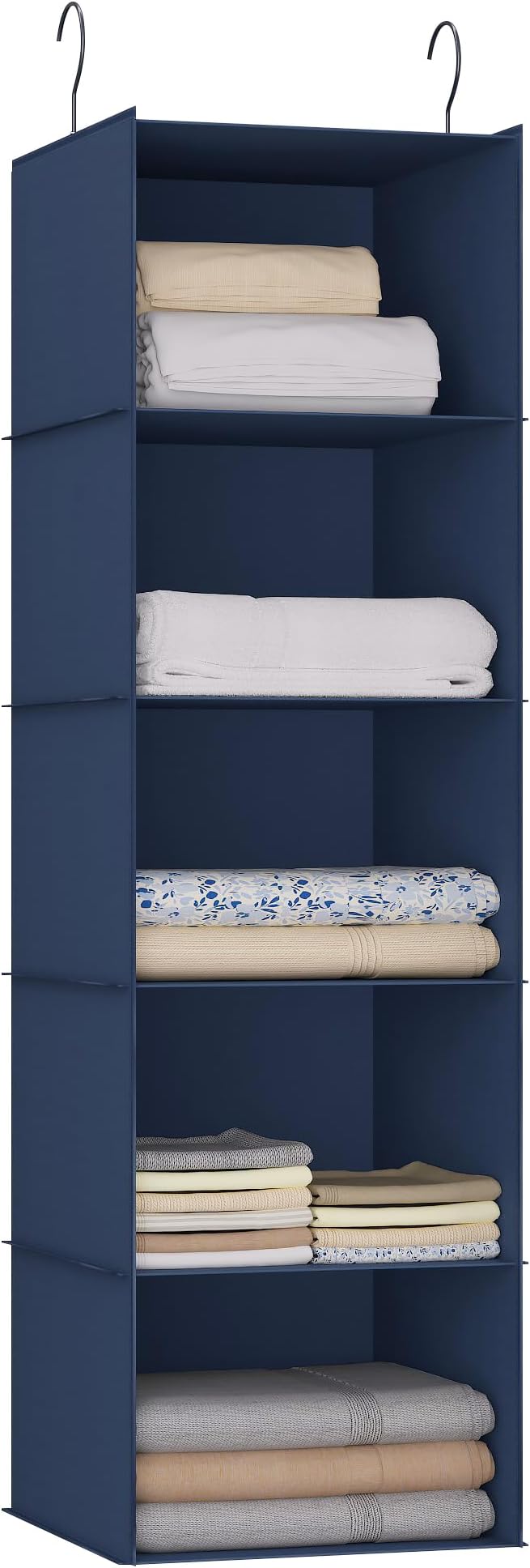 Hanging Closet Organizer 5-Shelf, Oxford Fabric Wardrobe Storage, Navy Blue | Easy-mount foldable design holds clothes, handbags, shoes & accessories; washable Oxford fabric, sturdy and space-saving.