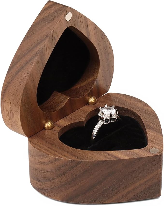 Engagement Proposal Ring Box Secret Slim Storage Wooden Heart Case | Walnut Wood Ring Bearer Box Jewelry Storage Holder Collection & Display for Wedding Ceremony Commemoration Day