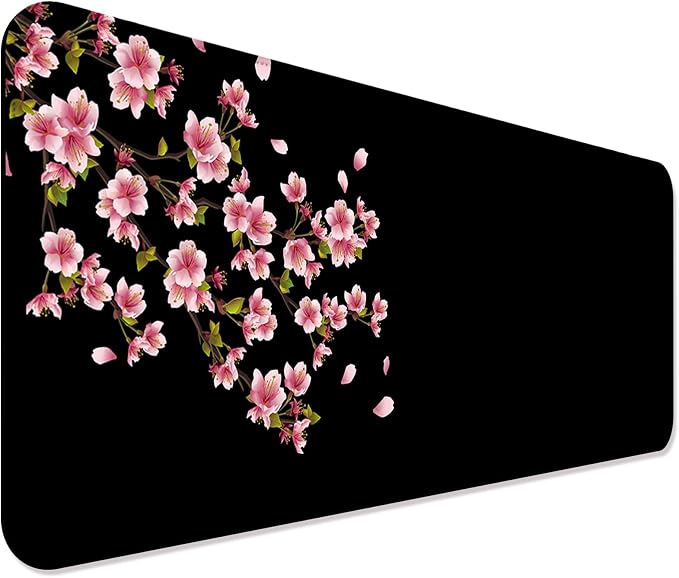 Japanese Cherry Blossom Gaming Desk Mat, Computer Keyboard Large Extended Flowers Mouse Pad for Office and Home, 31.5×11.8 Inches, XL, Black
