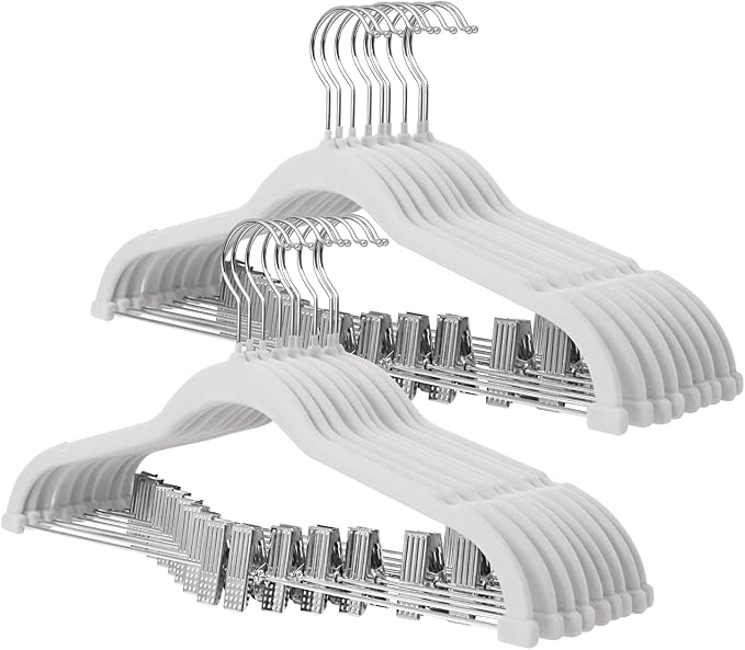 ManGotree Pants Hangers with Movable Clips, Non-Slip Velvet Skirt Hangers, Space-Saving Clothes Hangers for Pants, Skirts, Shirts, Coats, Dresses (18 Pack, White)
