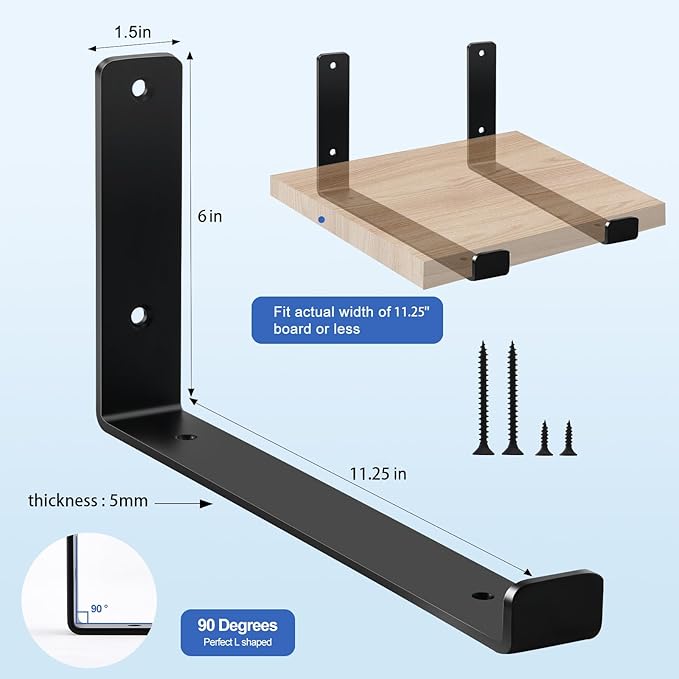 10 Pack - 11.25" L x 6" H x 1.5" W J Lip Shelf Brackets Rustic Farmhouse Iron Wall Floating Shelf Bracket Metal Shelf Bracket Industrial Shelf Supports with Screws Black