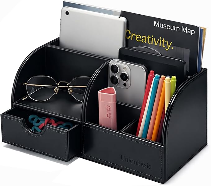 UnionBasic Desk Organizer - Multifunctional Leather Desktop Pen Holder Storage Box - Business Card/Pen/Pencil/Mobile Phone/Stationery Holder, Black