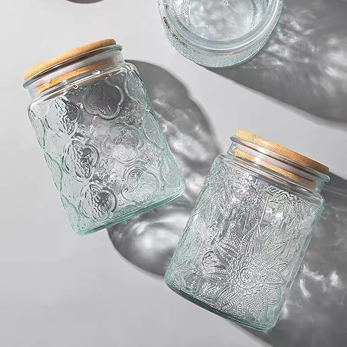 ANSQU Vintage Glass Jars Set Canister Airtight Storage Jar Container with Bamboo Wooden Lids for Kitchen Counter, Pantry, Coffee, Tea, Sugar, Cute Jar, 2 Pack 23.7 FL OZ (Begonia & Sunflower)
