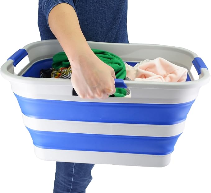 SAMMART 30L(8 gallon) Collapsible Plastic Laundry Basket - Foldable Pop Up Storage Container/Organizer - Space Saving Hamper/Basket - Water Capacity 24L(6.3 gallon) (1, Grey/Purplish Blue)