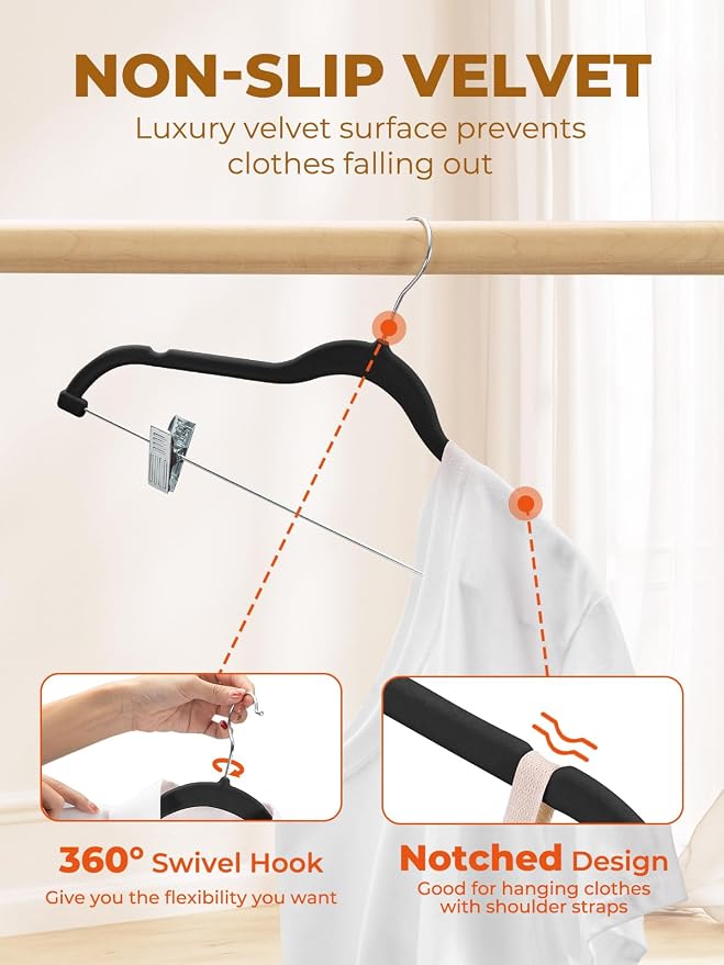 HOUSE DAY Velvet Skirt Hangers 48 Pack, Black Hanger with Adjustable Clips | Space Saving Slim Felt Pant Hanger, Heavy Duty Shorts Hanger, Non Slip Clip Hangars for Pants, Skirts, Shorts, Outfit
