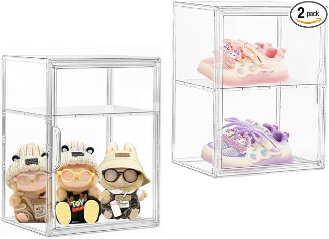 Attelite Shoe Storage Clear Shoe Organizer Boxes With 1 Adjustable Divider, Acrylic Sneaker Shoe Display Case With Magnetic Door,Clear Plastic Stackable Storage Bins With Lids,2 Pack