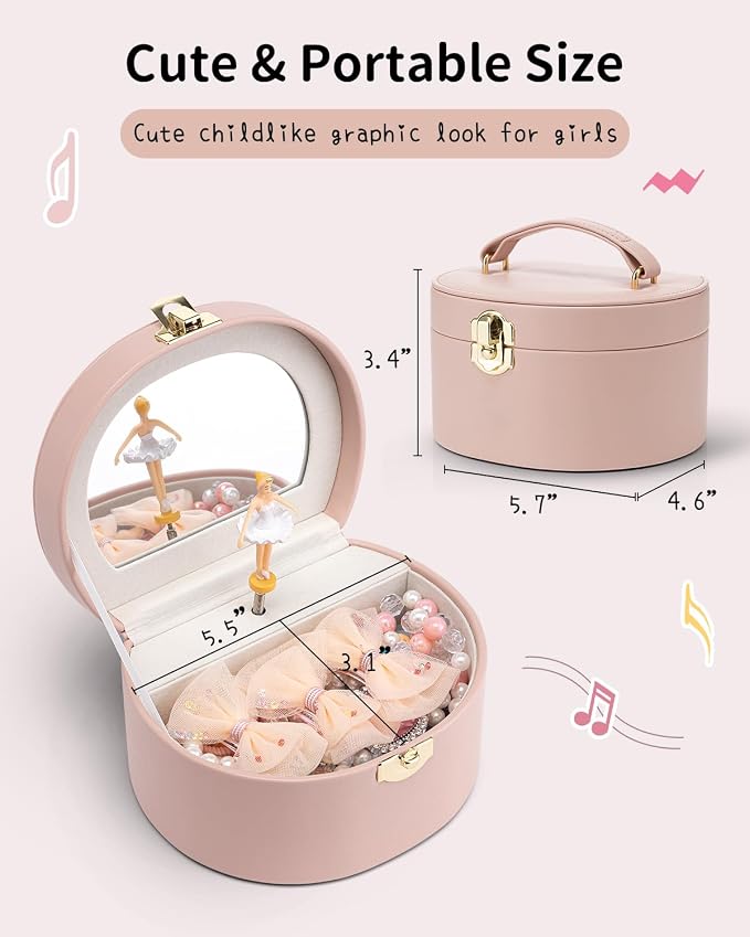 Vlando Musical Jewelry Box for Girls, Small Kid Music Box with Ballerina for Birthday Bedroom Decor, Gifts for Girls Kids - Pink