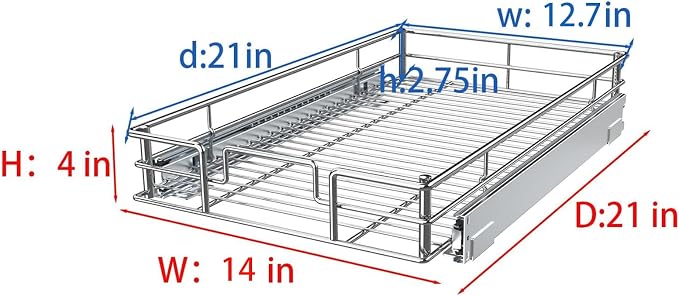 Pulloutor Pull Out Cabinet Organizer,Slide Out Kitchen Cabinet Storage Shelf and Drawer Organizer NEED 12" W and 22" D Cabinet, Chrome Finish (14 * 21 Metal)