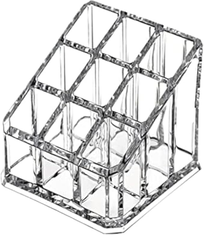 Acrylic Makeup Organizer Cosmetic Storage Display Case Makeup Brush Holder Organizer Lipstick Dispenser Canister Bathroom Container (3.5 x 3.5 x 2.6 in, 9 Partitions, Transparent)