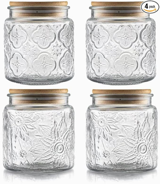 ANSQU Set of 4 Vintage Glass Airtight Storage Jars, 17 FL OZ Glass Storage Containers with Bamboo Lids, Canning Jar for Kitchen Counter, Pantry, Cookie, Coffee, Tea, Sugar, Cute Jars