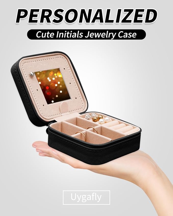 Uygafly Initials Travel Jewelry Case - Bridesmaid Gifts Wedding Day,Bridesmaid Proposal Gift,Bridal Shower Gifts,Maid of Honor Gifts,Bachelorette Party Decorations Favors | Black,B