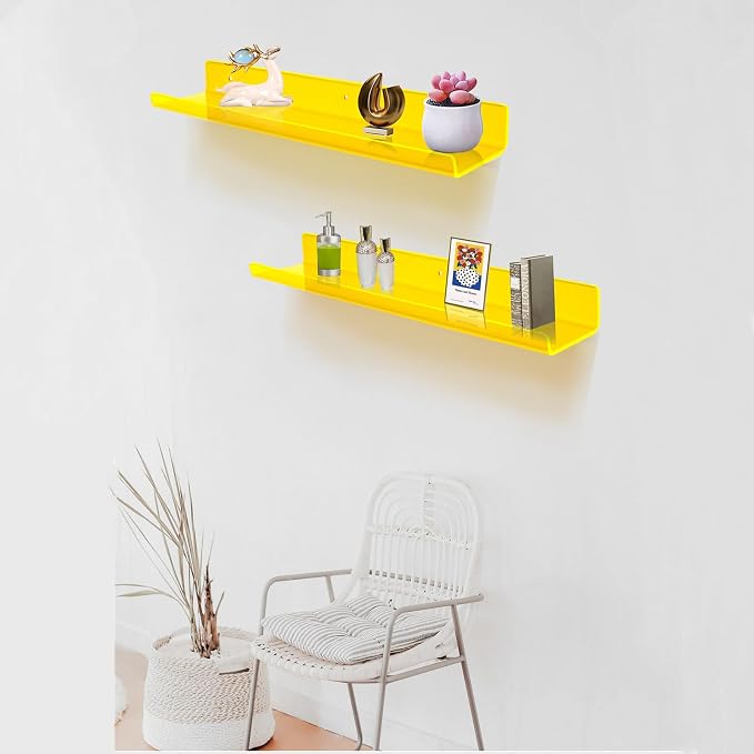 ROYALITA 2-Pack Acrylic Shelves Wall Mounted, 24 Inch Floating Shelves | for Small Items Plants Organize Wall Shelves for Gaming Room, Bedroom, Living Room, Office, Yellow