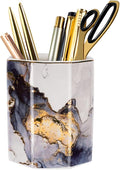 Ceramic Pen Holder for Desk Cute, Pencil Cup Pot Desk Organizer, Makeup Brush Holder for Women, Men, Kids, Desk Marble Decor for Office, Classroom, Home, Gray Golden