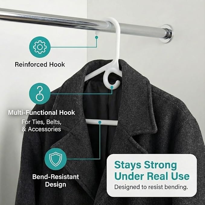 DEILSY™ Heavy Duty Plastic Hangers 10 Pack - Extra Heavy Duty Hangers for Clothes, Thick White Plastic Hangers, Strong Clothes Hangers with Hook for Scarves & Belts