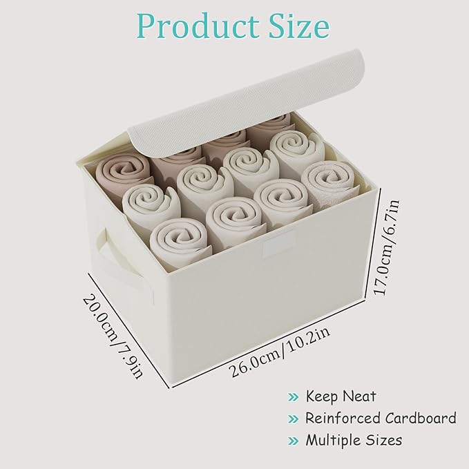 Storage Bin with Lid, Closet Boxes, 4 Pack, Beige, 10.2x7.9x6.7 In | Fabric Clothing Basket with Cover, Collapsible Stackable Organizer Cubes with 2 Handles, for Closets and Bathroom Vanities