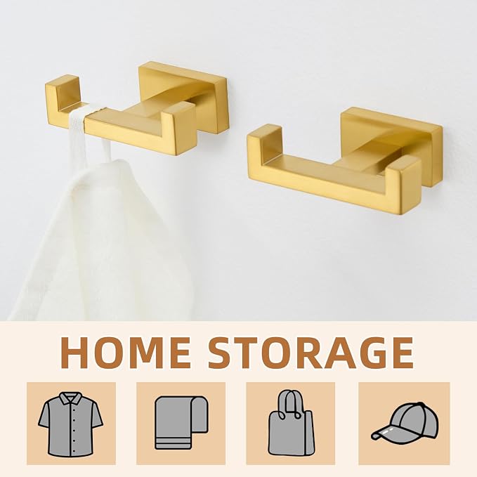APLusee Double Bath Towel Hook 2 Pack, Solid Stainless Steel Square Dual Coat Holder, Modern Bathroom Kitchen Storage Hanger Wall Mounted, Brushed Dark Gold