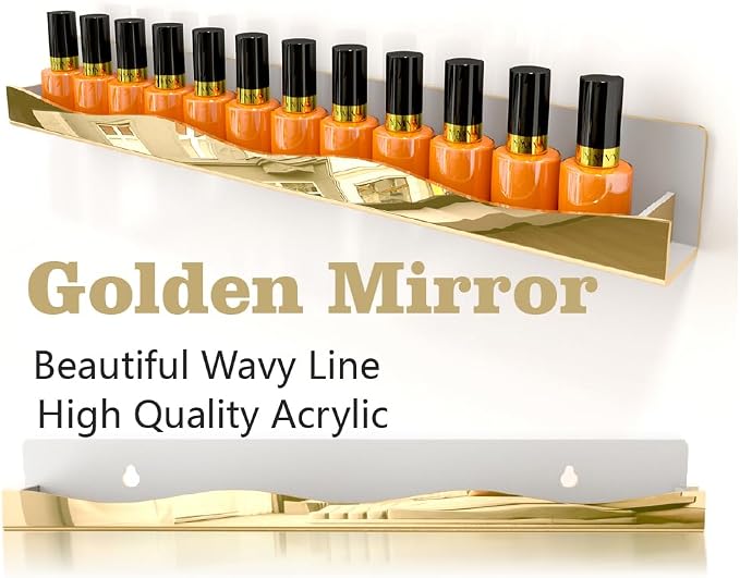 YMVV Wall-Mounted Nail Polish Organizer Rack - 15-Inch Gold Mirror Finish Nail Polish Shelf, Makeup & Beauty Essentials Storage - Multi-Purpose Display Holder for Small Space, Vanity Bathroom, 6 Pack