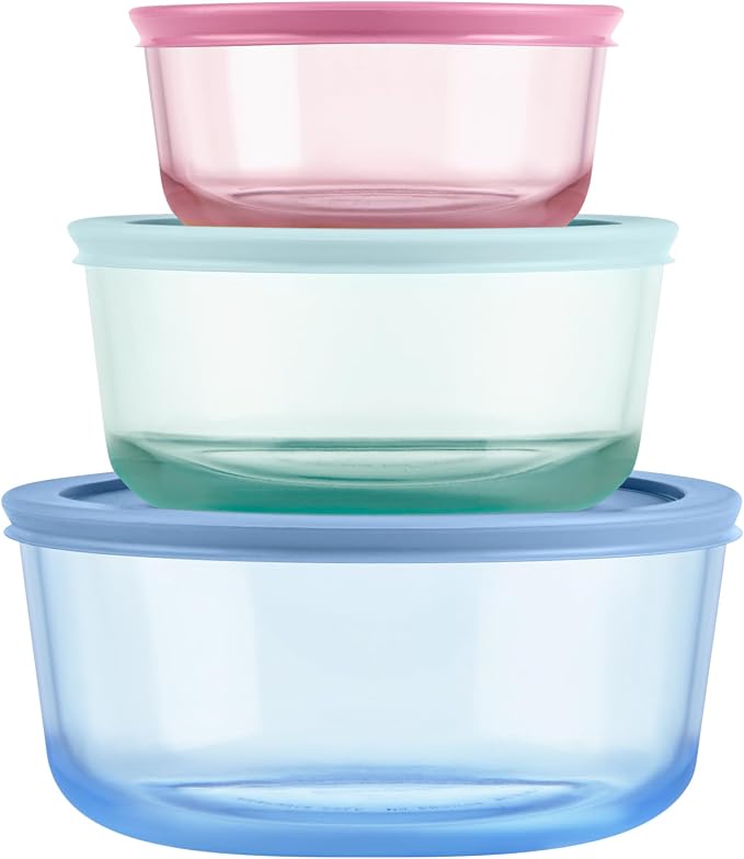 Pyrex Colors (3-Pack, Medium) Tinted Glass Round Food Storage Container Set, Snug Fit Non-Toxic Plastic BPA-Free Lids, Freezer Dishwasher Microwave Safe, 2 Cup, 4 Cup & 7 Cup