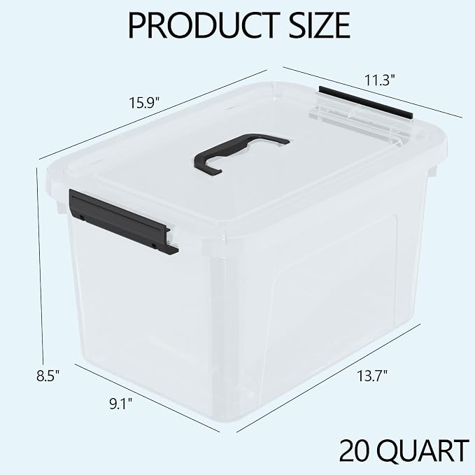 Wekioger 20 Quart Clear Plastic Lidded Storage Box with Latch Handle, 4 Packs Containers Bins for Storage