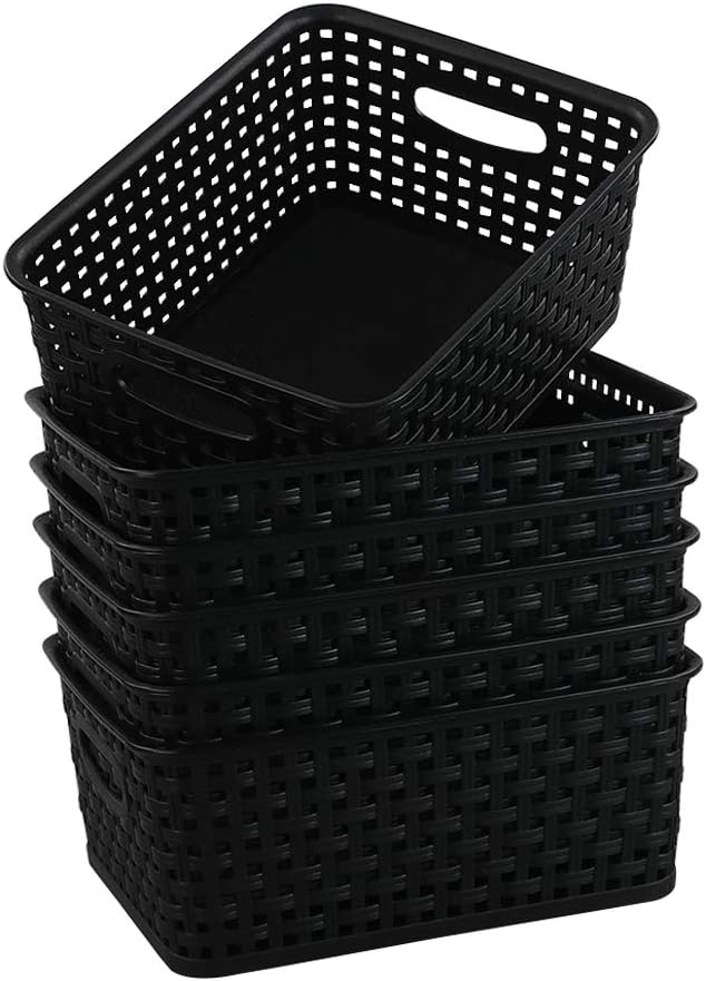 Asking Plastic Weave Storage Baskets, Set of 6 Multi-use Organizer Bin, Black